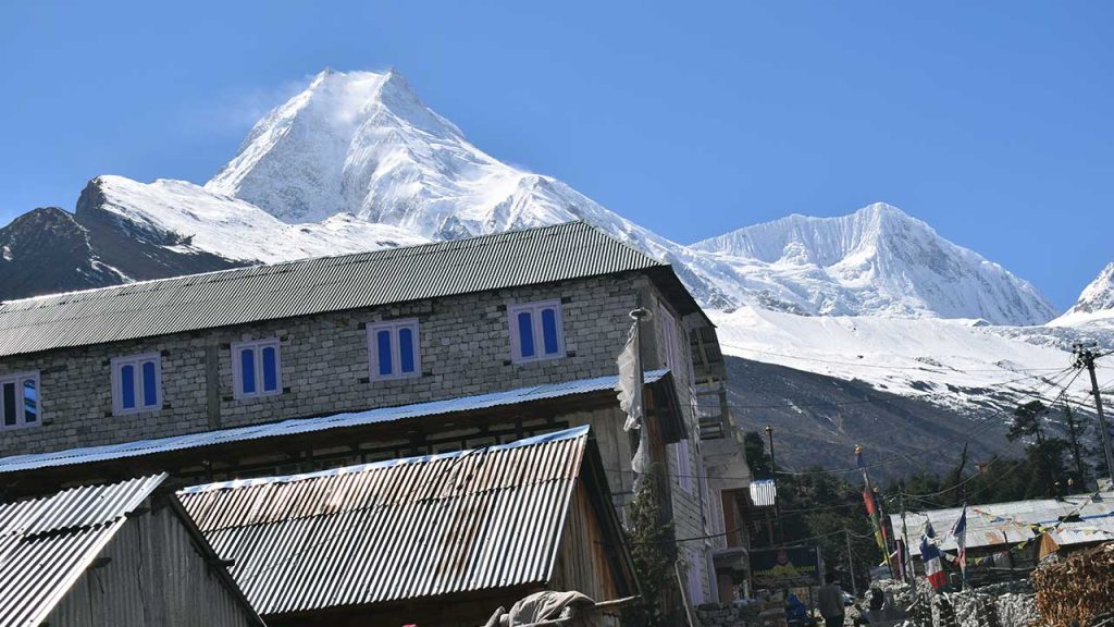View of Mount Manaslu from Syala Lodge in the Himalayas, Nepal